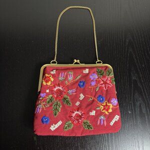 MARCO AVANI Vintage Beaded Silk Top Handle Purse Evening Bag Floral Embroidered